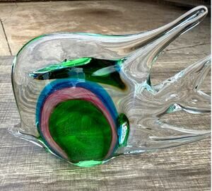 Vintage Murano Style Sommerso Art Glass Fish Sculpture Green Blue Pink 8"
